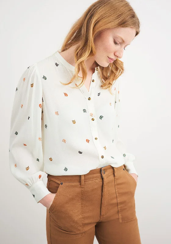 White Stuff Alaia Cat Print Blouse, Ivory Frilled Cuff Blouse