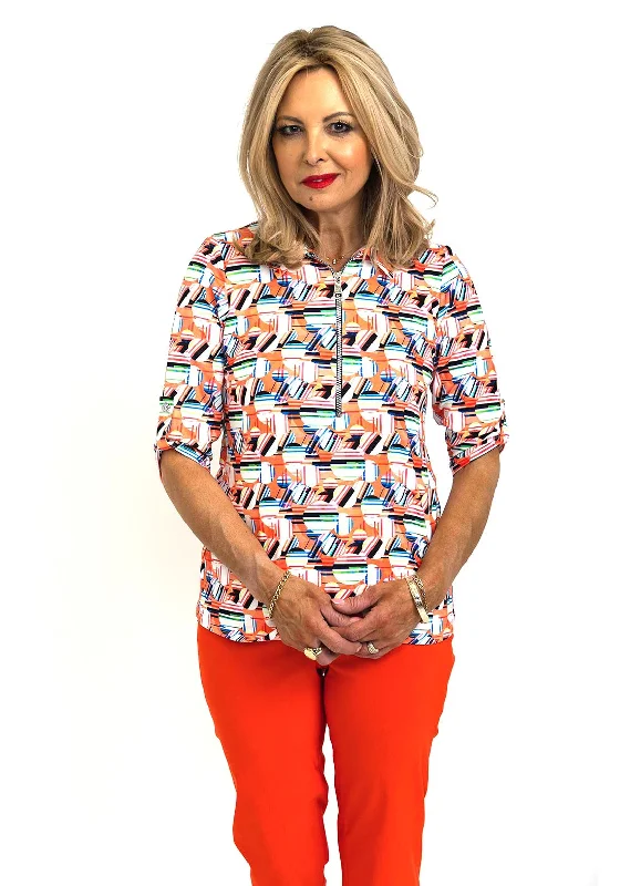 Leon Collection Zip Up Disc & Stripe Print Blouse, Orange Multi Vintage Lace Blouse
