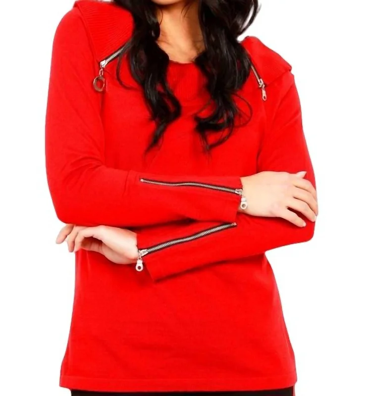 Zip Cowl Sweater In Red Iron Safe Non-Iron Wrinkle Free