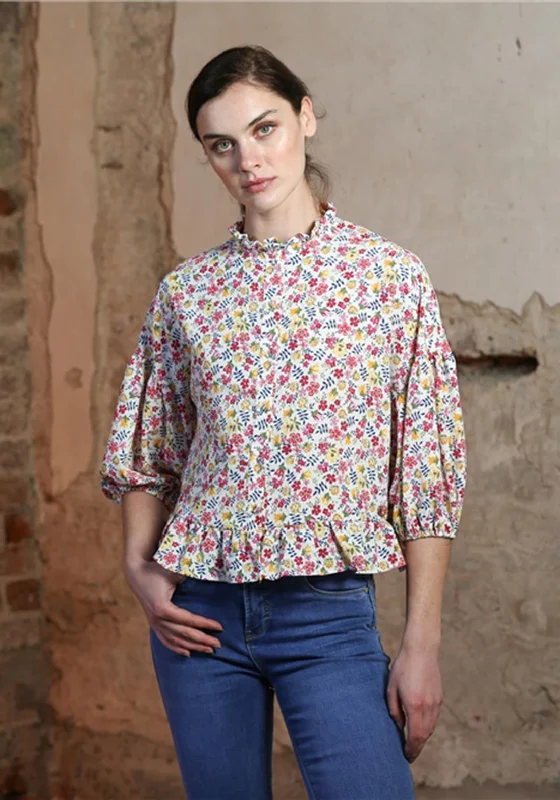 Rant & Rave Imogen Floral Blouse Top, White Multi Casual Relaxed Fit Blouse