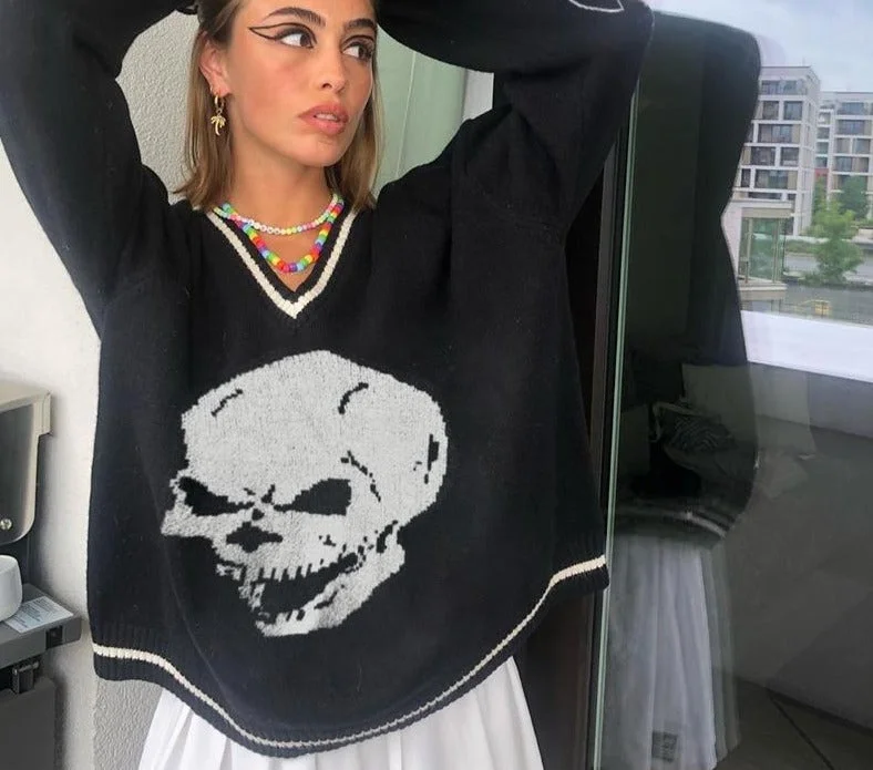 Skull Printed Knitted Sweater | Loose Women Sweater | V-Neck Knitted Pullover Sweater | Y2K Skull Printed Sweater | Streetwear Sweater Gift Long Sweater Short Sweater Cropped Sweater Skull Printed Knitted Sweater | Loose Women Sweater | V-Neck Knitted Pullover Sweater | Y2K Skull Printed Sweater | Streetwear Sweater Gift Long Sweater Short Sweater Cropped Sweater