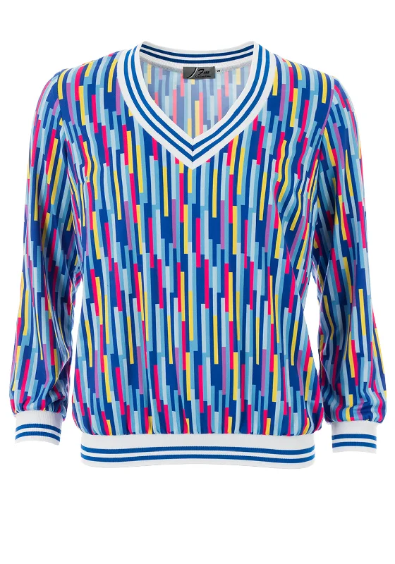 Leon Collection Block Stripe Print Blouse, Blue Multi Drape Neck Blouse