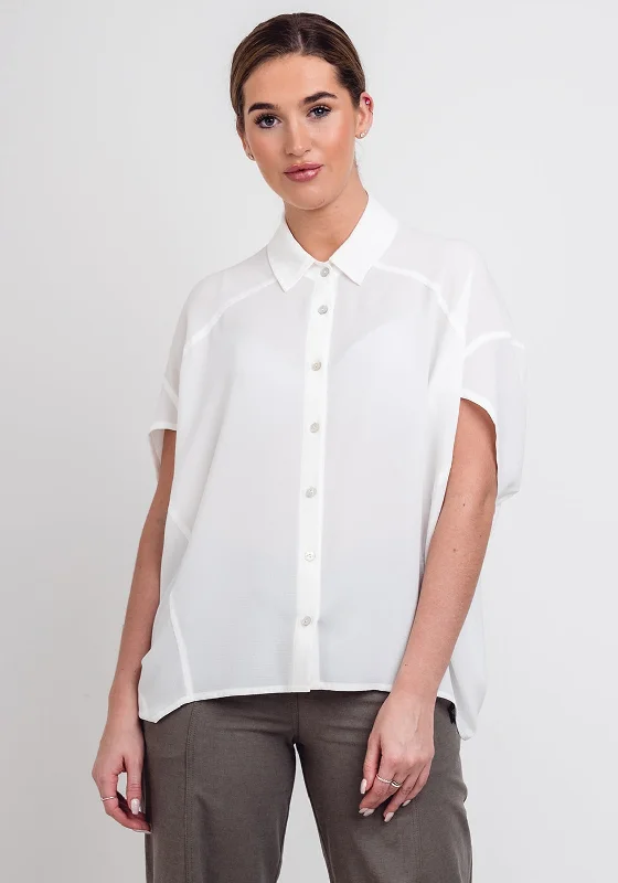 Naya Relaxed Fit Crepe Blouse, White Double Button Blouse