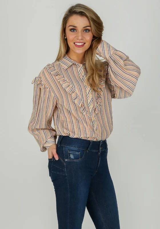 Exquise Striped Ruffle Trim Blouse, Multi-Coloured Ruffled Neck Blouse