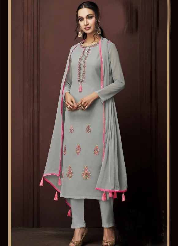 Grey Georgette Pant Straight Modern Bootcut Pants