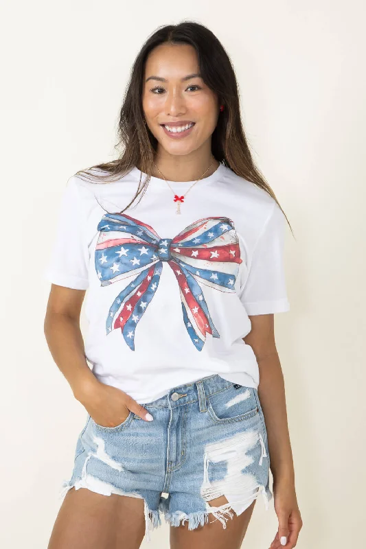 Americana Bow Graphic T-Shirt for Women in White | 11931X-TS-WHITE Mesh Fabric Canvas Fabric Denim Fabric Americana Bow Graphic T-Shirt for Women in White | 11931X-TS-WHITE Mesh Fabric Canvas Fabric Denim Fabric