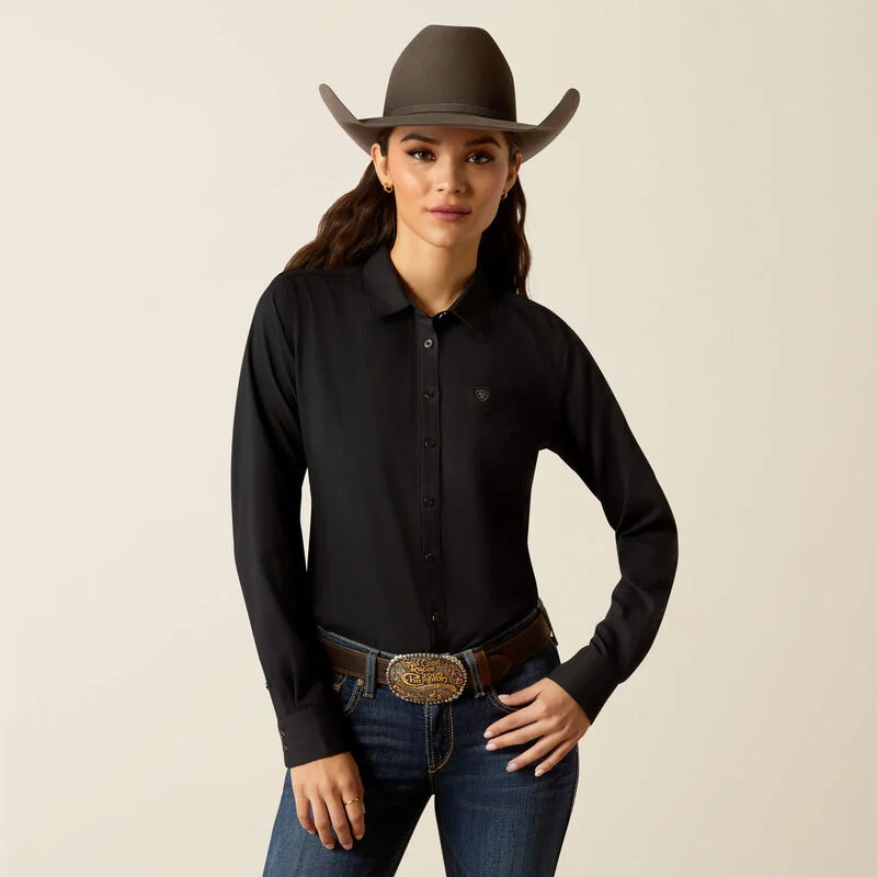 Ariat Women's Kirby Pro L/S Western Button Down Shirt in Solid Black Zippered Front Buttoned Front Snap Front Ariat Women's Kirby Pro L/S Western Button Down Shirt in Solid Black Zippered Front Buttoned Front Snap Front
