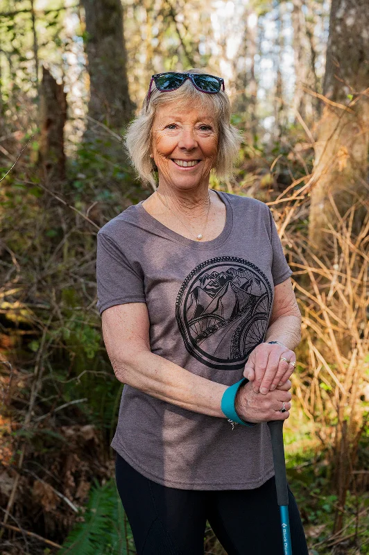 BIKE WORLD - Women's Eco Tee - Heather Brown Notch Collar Peter Pan Collar Cowl Neck BIKE WORLD - Women's Eco Tee - Heather Brown Notch Collar Peter Pan Collar Cowl Neck