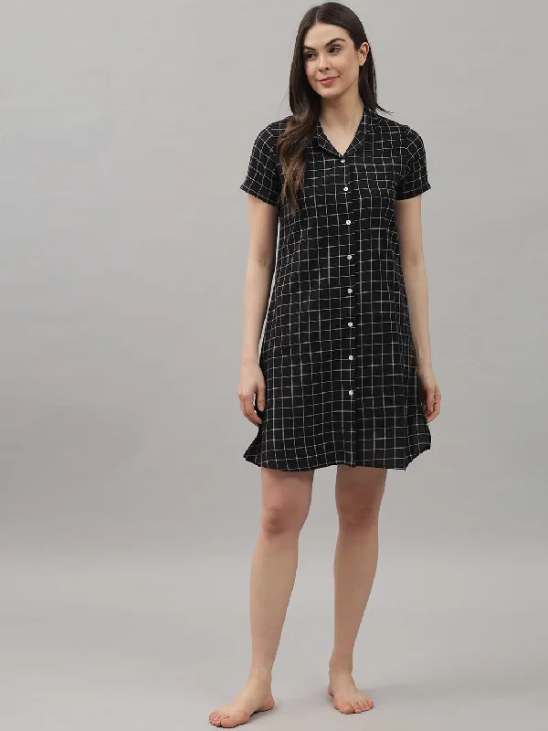 Black and White Check Knee Length Rayon Sleep Shirt by Shararat Fleece Nylon Spandex Black and White Check Knee Length Rayon Sleep Shirt by Shararat Fleece Nylon Spandex