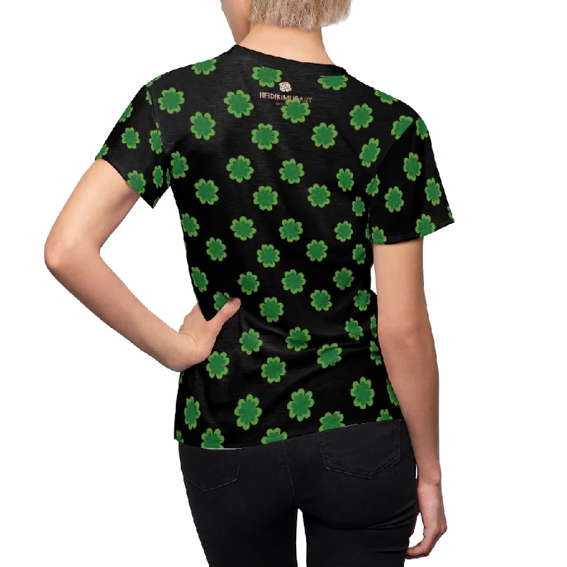 Black Green Clover Print Shirt, Cute Clover Leaves Print Designer St. Patrick's Day Women's Crewneck Tee- Made in USA Rayon Fabric Velvet Fabric Corduroy Fabric Black Green Clover Print Shirt, Cute Clover Leaves Print Designer St. Patrick's Day Women's Crewneck Tee- Made in USA Rayon Fabric Velvet Fabric Corduroy Fabric