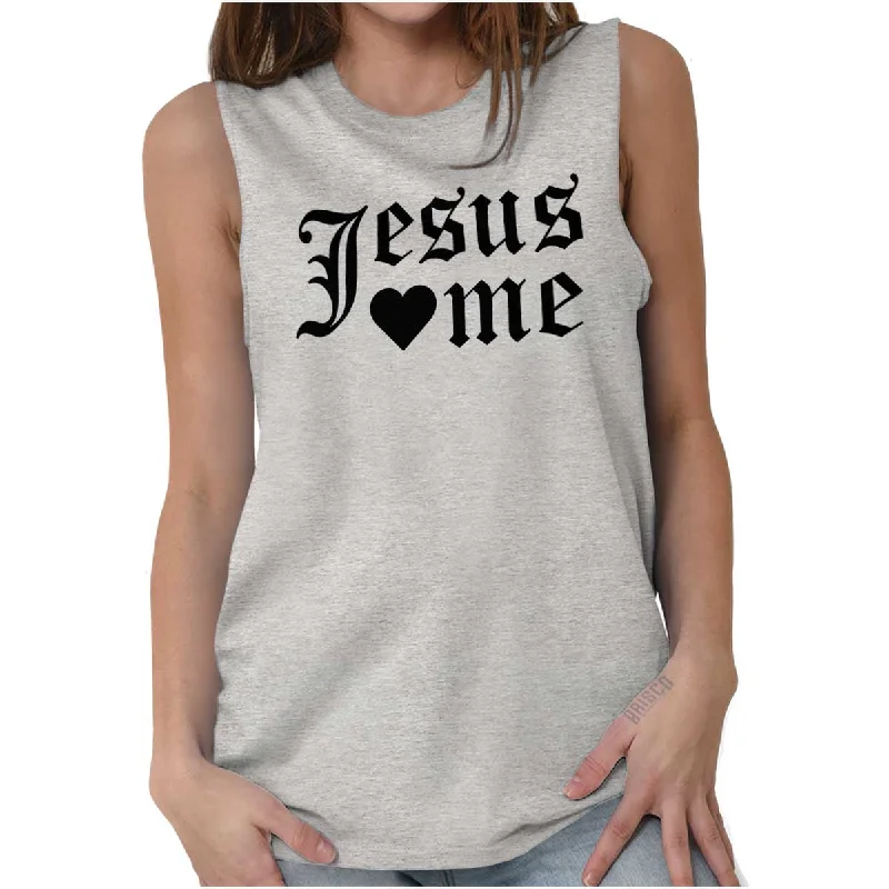 Jesus Hearts Me Sleeveless T-Shirt Spandex Blend Rayon Blend Denim Blend