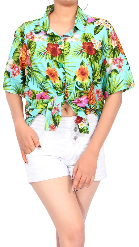 Lime Green Hawaiian Shirt For Women With Pineapple and Floral Print Elasticated Padded Insulated Lime Green Hawaiian Shirt For Women With Pineapple and Floral Print Elasticated Padded Insulated