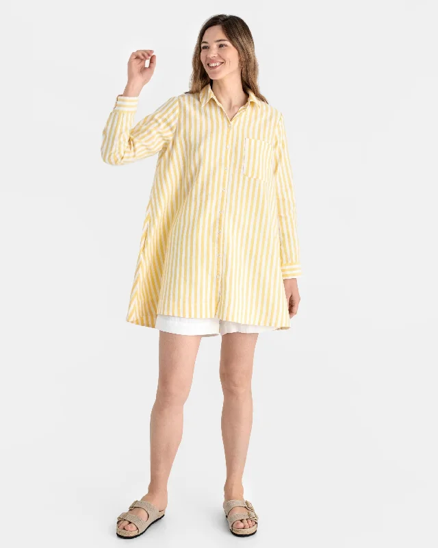 Long linen shirt WANAKA in Yellow stripes Notch Collar Peter Pan Collar Cowl Neck