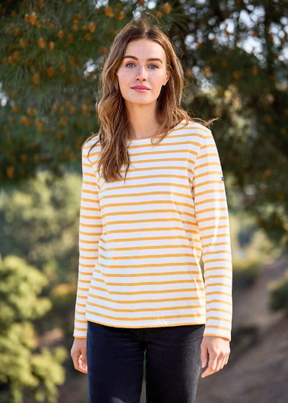 MINQUIDAME - Breton Striped Shirt with Long Sleeve | Soft Cotton | Women Fit (IVORY / AMBER) Machine Wash Dry Clean Hand Wash MINQUIDAME - Breton Striped Shirt with Long Sleeve | Soft Cotton | Women Fit (IVORY / AMBER) Machine Wash Dry Clean Hand Wash