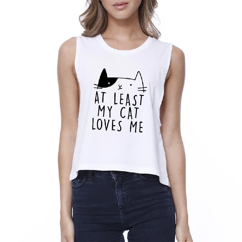 My Cat Loves Me Women's White Crop Tee Funny Quote For Cat Lovers Print Jacquard Patchwork My Cat Loves Me Women's White Crop Tee Funny Quote For Cat Lovers Print Jacquard Patchwork