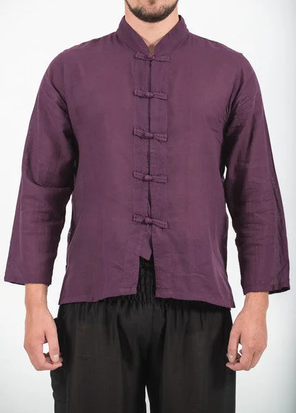 Unisex Long Sleeve Cotton Yoga Shirt with Chinese Collar in Dark Purple Rayon Velvet Corduroy Unisex Long Sleeve Cotton Yoga Shirt with Chinese Collar in Dark Purple Rayon Velvet Corduroy
