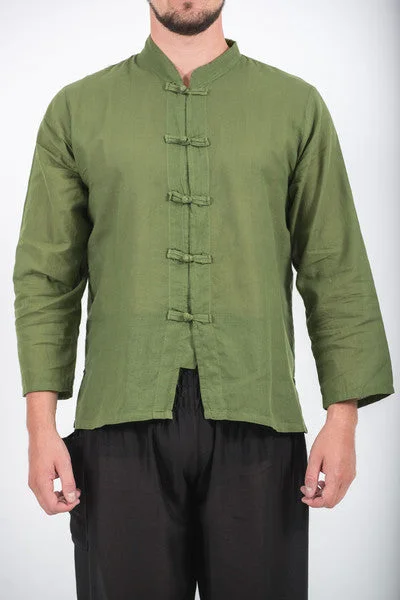 Unisex Long Sleeve Cotton Yoga Shirt with Chinese Collar in Olive Jersey Fabric Tulle Fabric Batik Fabric Unisex Long Sleeve Cotton Yoga Shirt with Chinese Collar in Olive Jersey Fabric Tulle Fabric Batik Fabric