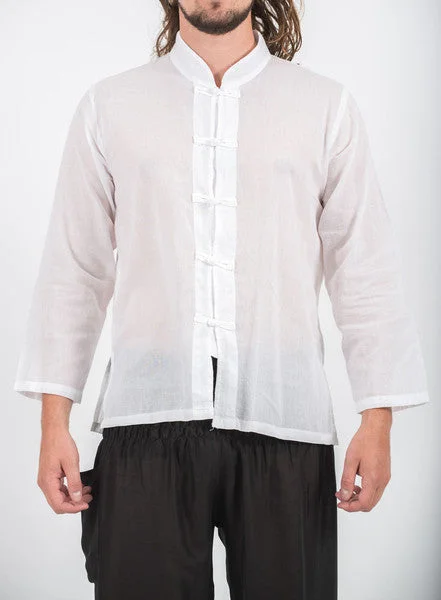 Unisex Long Sleeve Cotton Yoga Shirt with Chinese Collar in White Zippered Front Buttoned Front Snap Front Unisex Long Sleeve Cotton Yoga Shirt with Chinese Collar in White Zippered Front Buttoned Front Snap Front