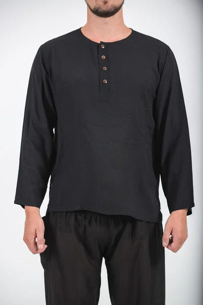 Unisex Long Sleeve Cotton Yoga Shirt with Coconut Shell Buttons in Black Thin T-Shirt Open Front Quick Dry Unisex Long Sleeve Cotton Yoga Shirt with Coconut Shell Buttons in Black Thin T-Shirt Open Front Quick Dry