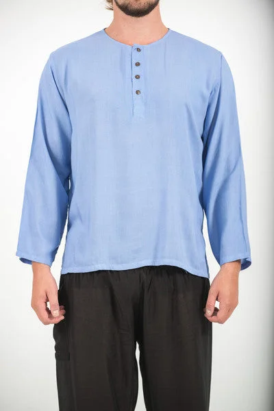 Unisex Long Sleeve Cotton Yoga Shirt with Coconut Shell Buttons in Blue Iron Safe Non-Iron Wrinkle Free