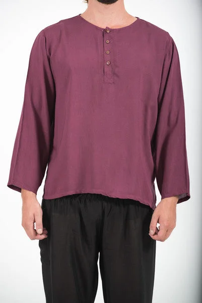 Unisex Long Sleeve Cotton Yoga Shirt with Coconut Shell Buttons in Dark Purple Polka Dot Checkered Tartan Unisex Long Sleeve Cotton Yoga Shirt with Coconut Shell Buttons in Dark Purple Polka Dot Checkered Tartan