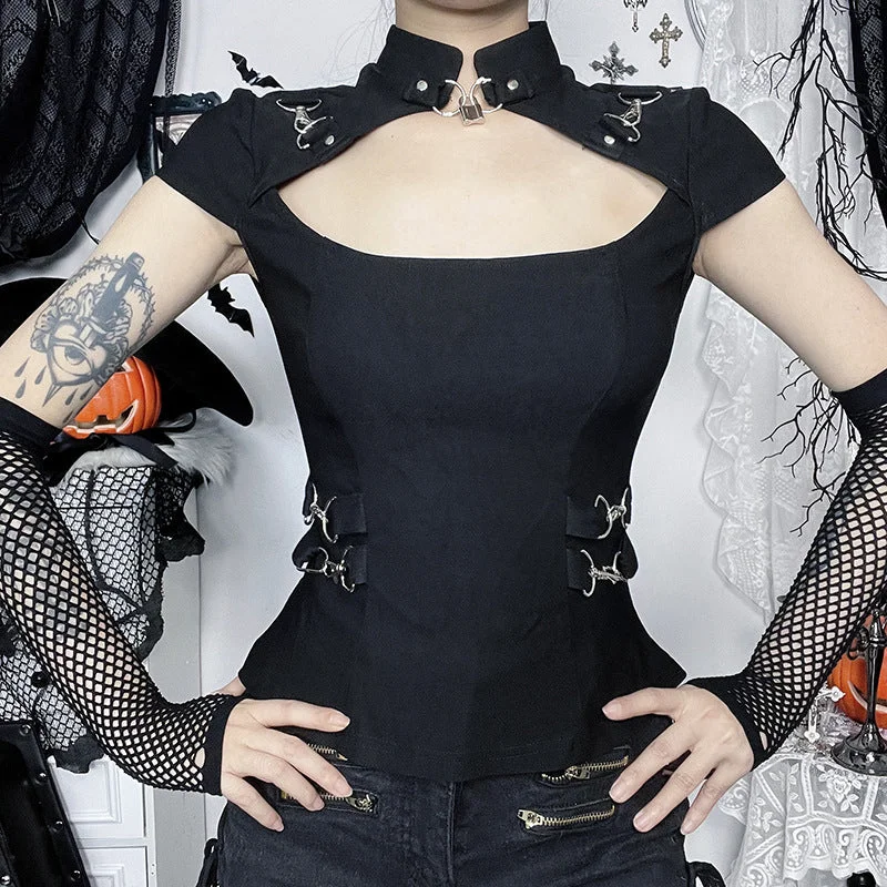 Women's Punk Cut-out Short Sleeved Shirt with Gloves Zippered Front Buttoned Front Snap Front Women's Punk Cut-out Short Sleeved Shirt with Gloves Zippered Front Buttoned Front Snap Front