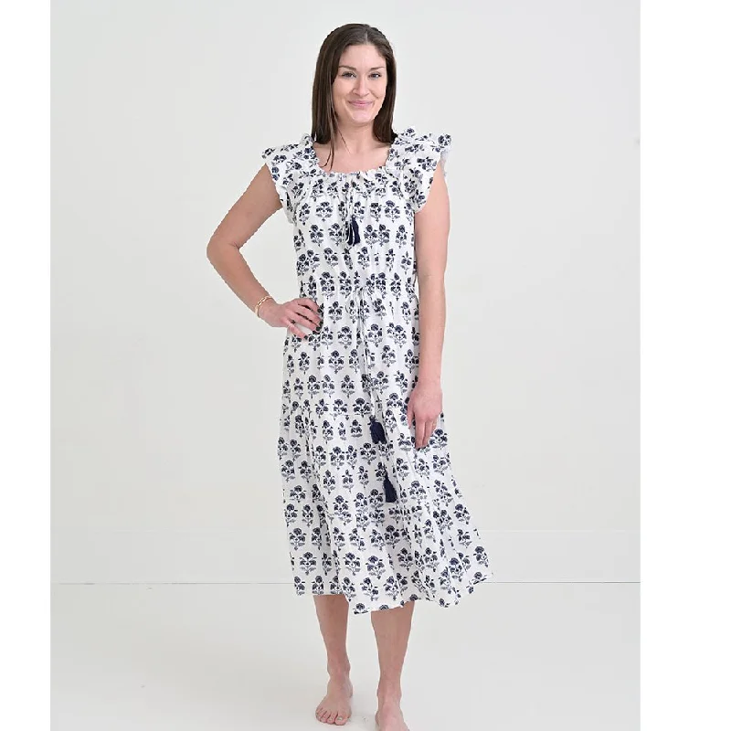 Agra Bloom Indigo Flutter Sleeve Peasant Dress