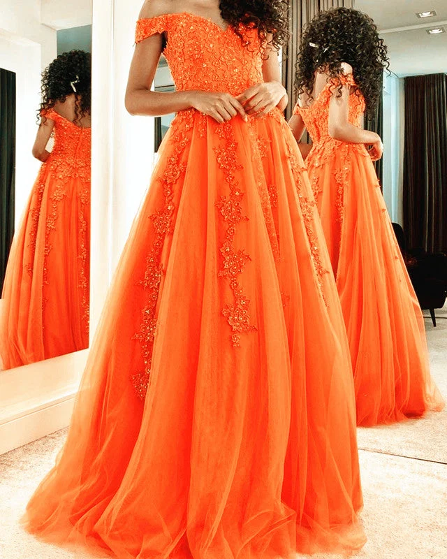 A Line Sweetheart Prom Dresses Tulle Appliques
