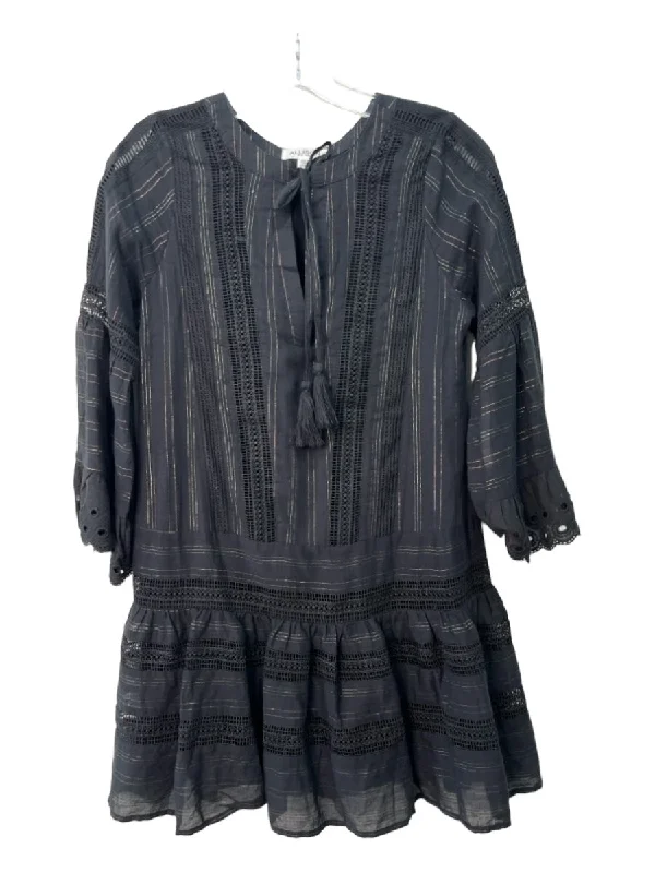 Allison Size XS Black, Gold & Silver Cotton Metallic Thread Stripes V Neck Dress