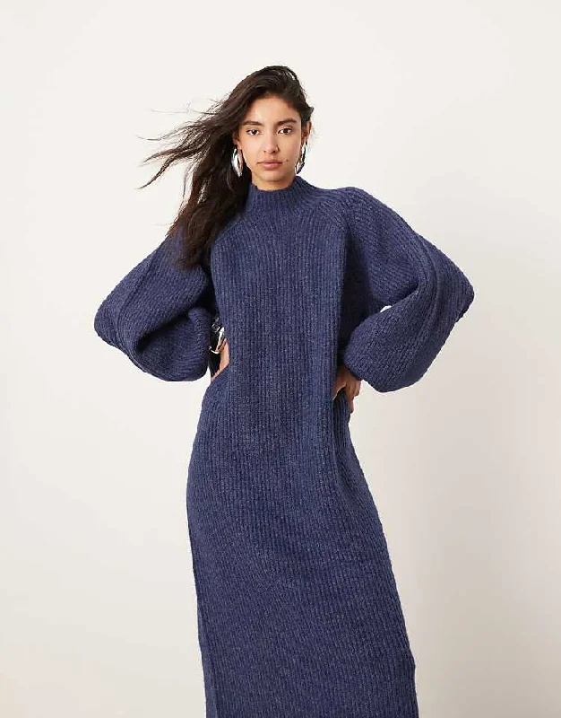 Chunky high neck knitted maxi dress in navy Comfortable Satin Maxi Dress