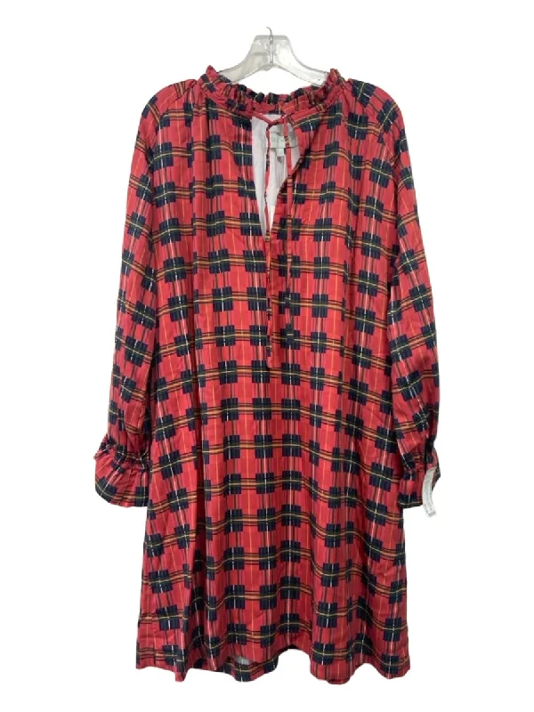 Brooke Wright Size L Red Green Black Blue Plaid Ruffle Neckline Dress