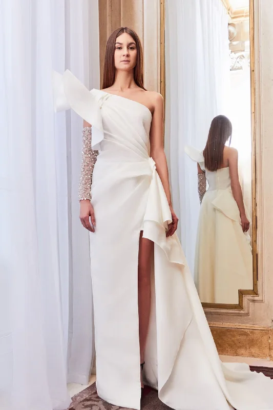 Crystal beaded sleeve side ruffled dress