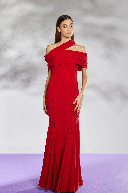 Asymmetrical neckline crepe dress