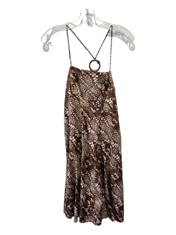 Just Cavalli Size 46 Brown Missing Fabric Feather Print Square Neck Dress