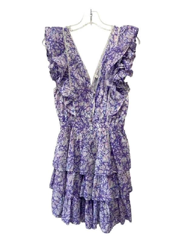 Love The Label Size M Purple & White Cotton Abstract V Neck & Back Dress
