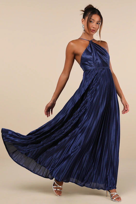 ELABORATE CHARM SATIN BACKLESS MAXI DRESS Elegant Maxi Dress with Ruffles