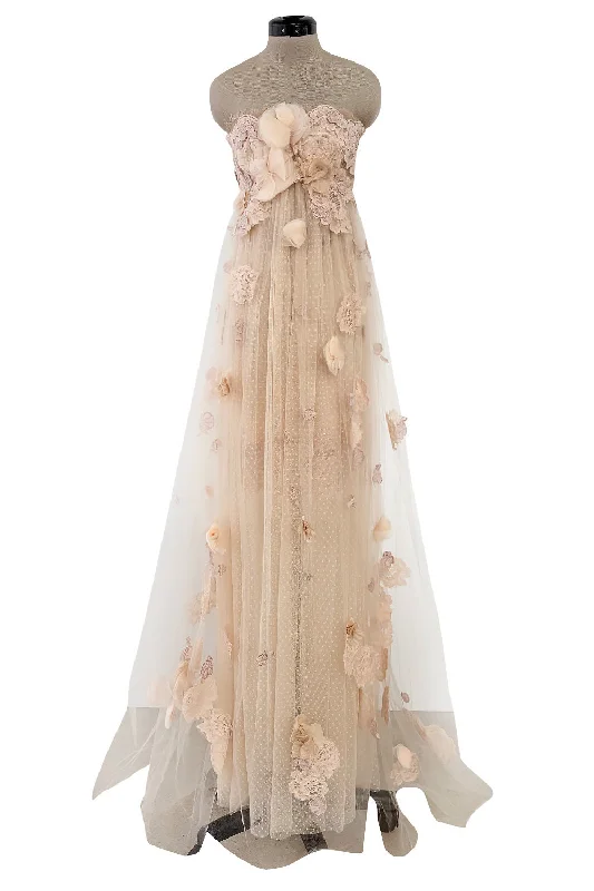 Magical 2000s Dolce & Gabbana Pinky Nude Tulle & Lace Flower Applique Strapless Dress