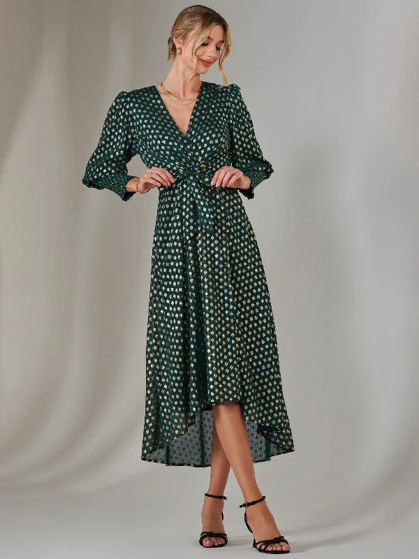 Metallic Spot Print Puffy Sleeve Maxi Dress, Dark Green Classic Solid Maxi Dress
