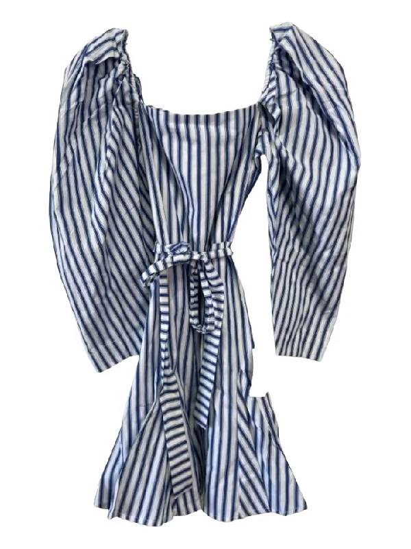 Mille Resort & Travel Size XXS White & Blue Cotton Square Neck Striped Dress