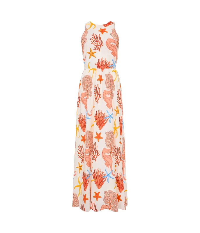 Meridian High Neck Poplin Dress in Coral