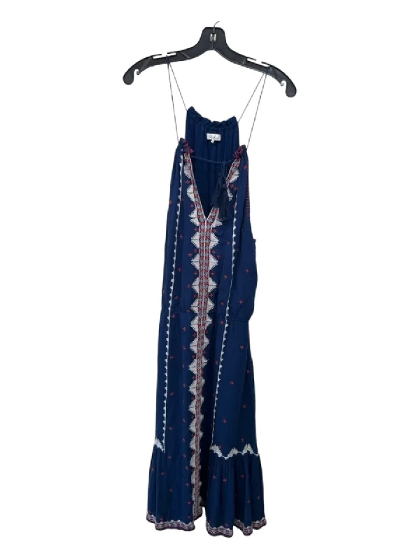 Parker Size XS Blue Red & White Rayon Embroidered V Neck Spaghetti Strap Dress