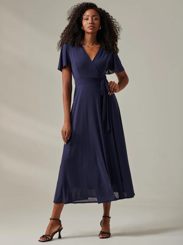 Plain Angel Sleeve Wrapped Maxi Dress, Navy Chic Off-Shoulder Maxi Dress