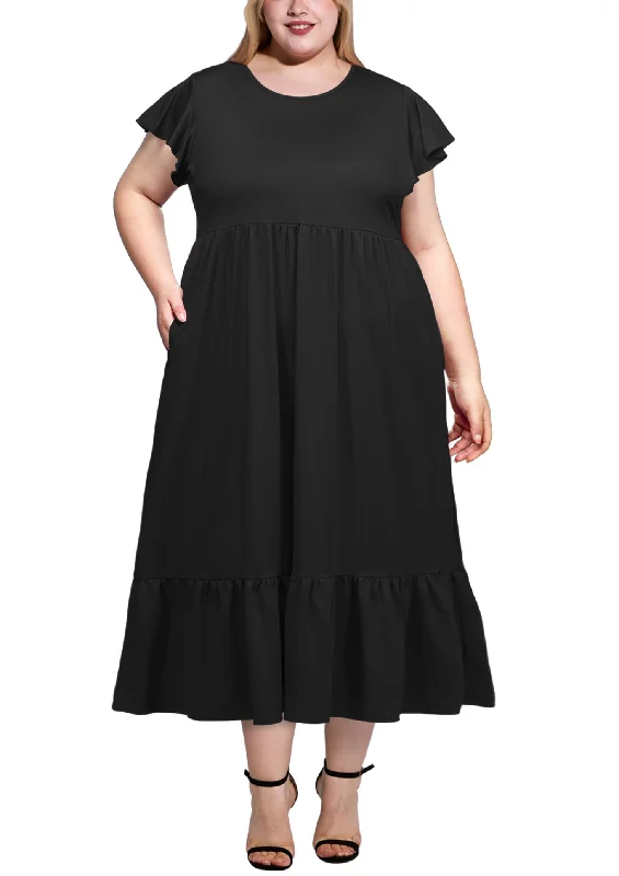 Plus Size Summer Dress Crew Neck Ruffle with Pockets-Black