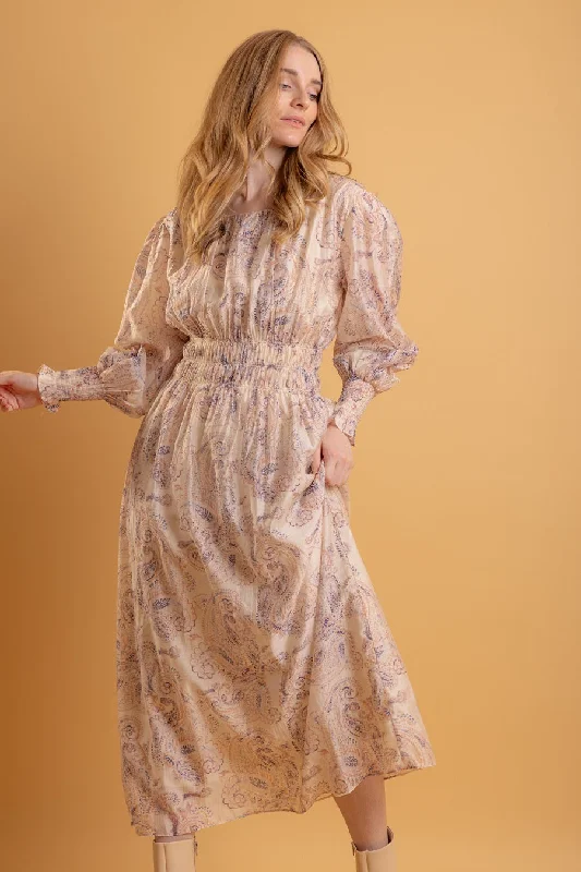 Polly Dress Beige Blue Paisley
