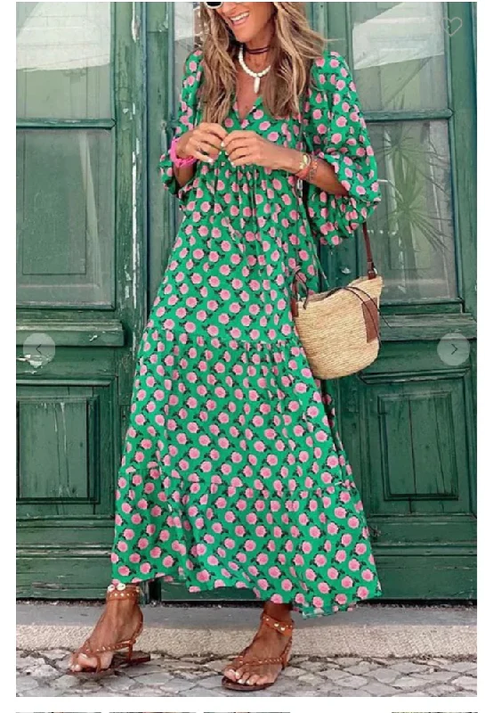 Romantic Print 3/4 Sleeve Maxi Dress Trendy V-Neck Maxi Dress