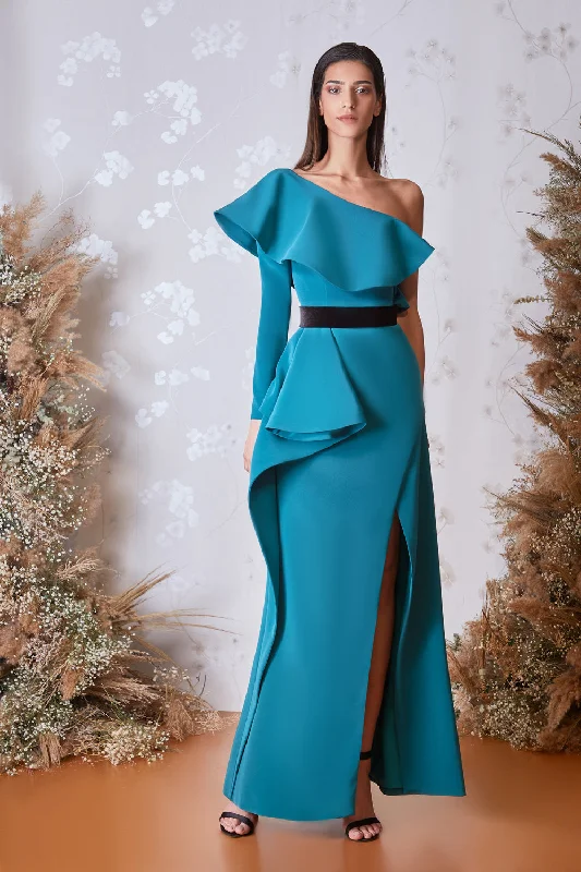 Ruffled banded waistline cascading dress