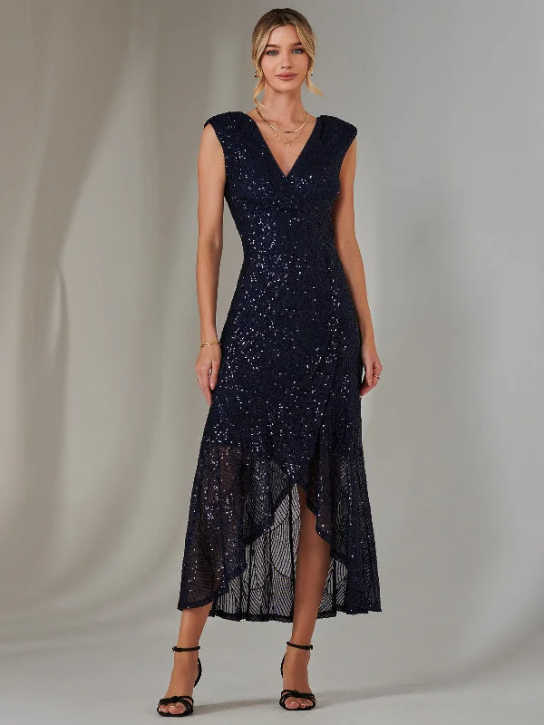Sequin Ruffle Hem Maxi Dress, Navy Fashionable Layered Maxi Dress