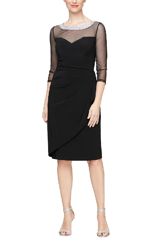 Sheath Velvet Dress with Embellished Sweetheart Illusion Neckline & Cascade Detail Skirt