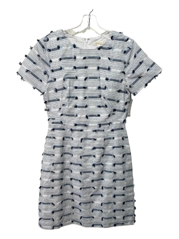 Shoshanna Size 4 Blue & White Cotton Blend Textured Fringe Detail Back Zip Dress