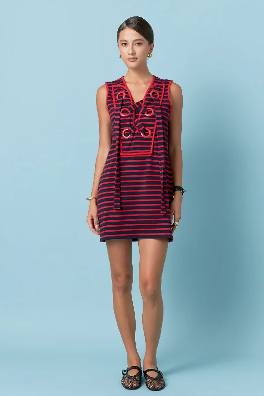 English Factory - Striped Knit Lace Up Dress